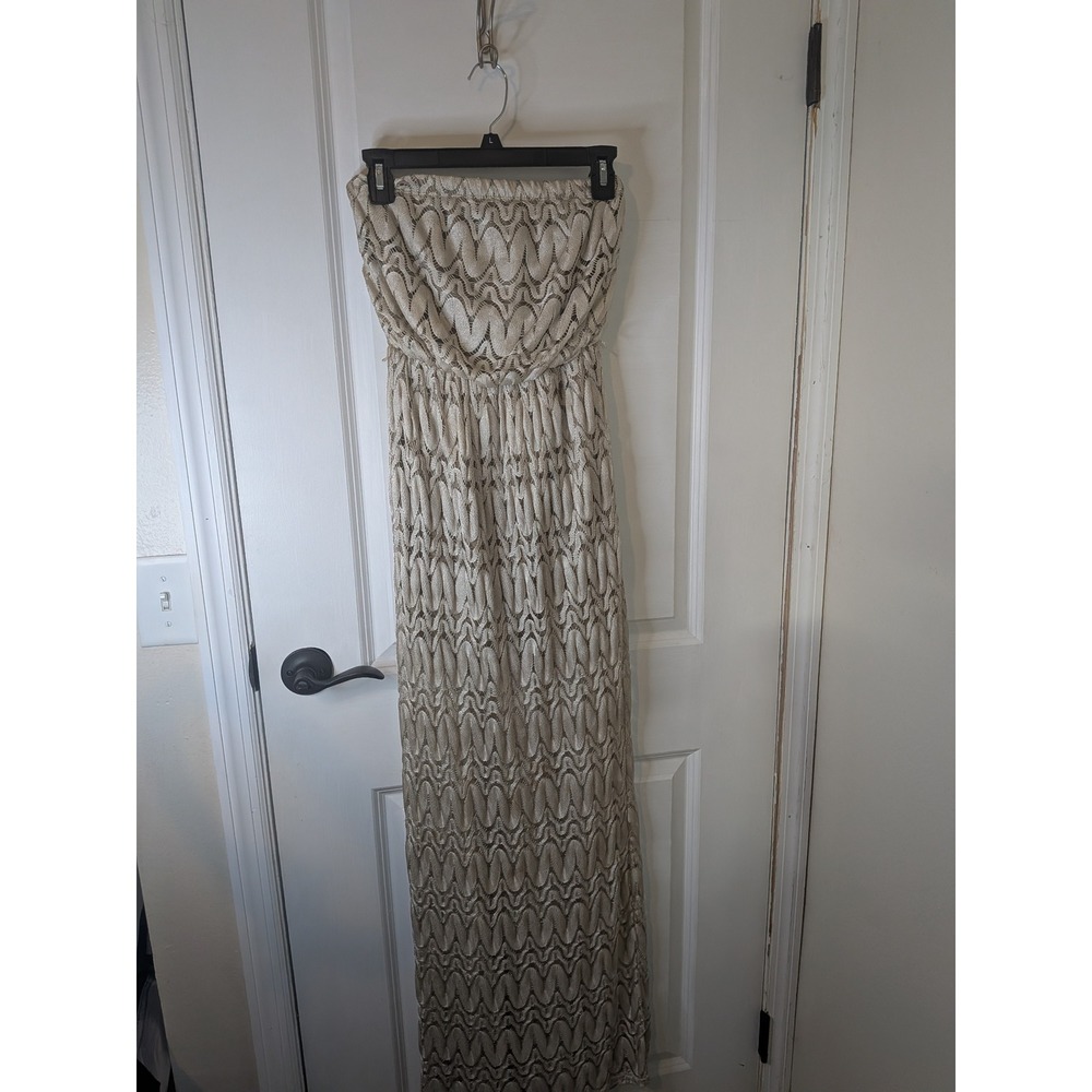 Sans Souci Champagne Gold Metallic Crochet Strapless Maxi Dress IGD1023 Womens M